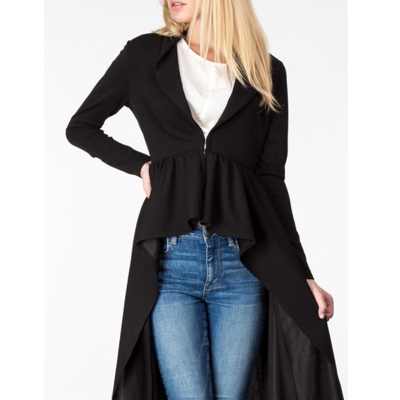 Black Hi Low Peplum Ruffle Long Jacket Top Blouse - Picture 5 of 5
